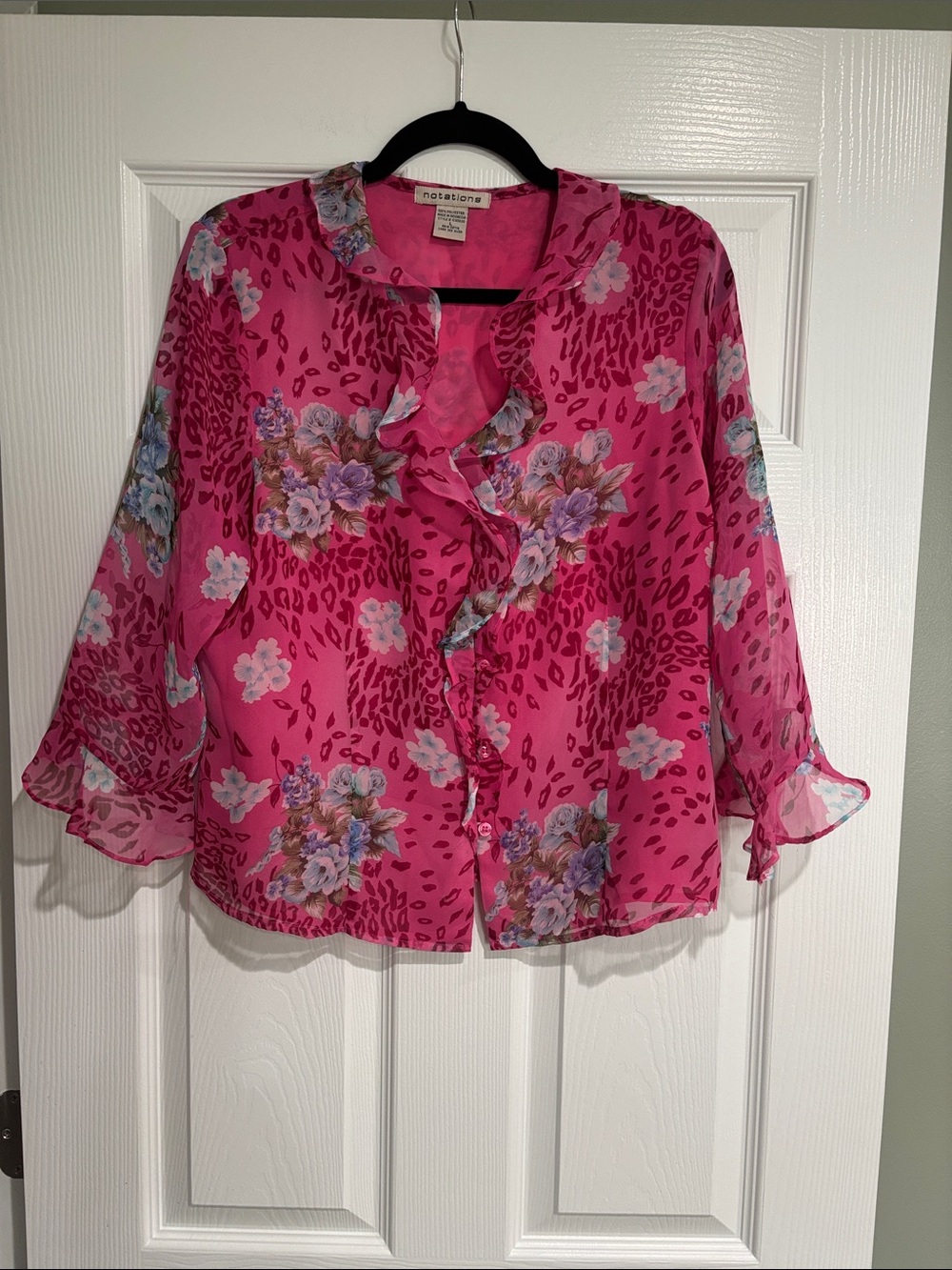 Notations Hot Pink Floral Ruffle Front Blouse
